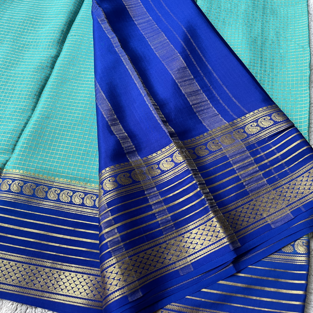 Pure Crape Mysore Silk Saree With Mango Bentex Checks Pattern 2