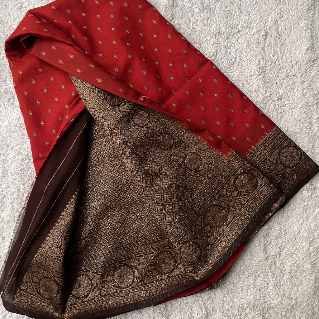 Crape Butta Banarasi Georget Red With Brown Contrast Colour Saree
