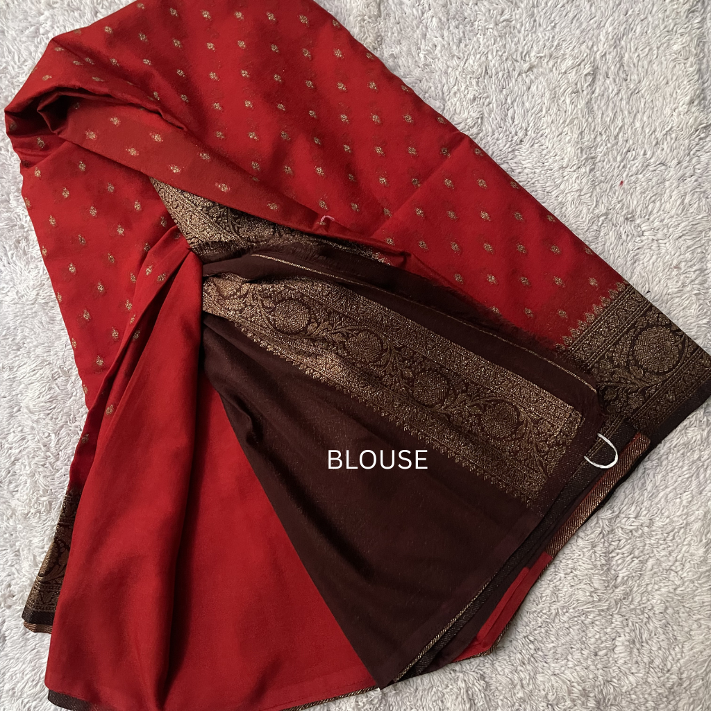 Crape Butta Banarasi Georget Red With Brown Contrast Colour Saree